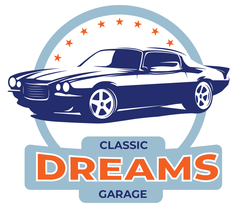 Logo of Classic Dreams Garage featuring stylized vintage car and garage imagery, symbolizing expert classic car restoration and sales services in Texas