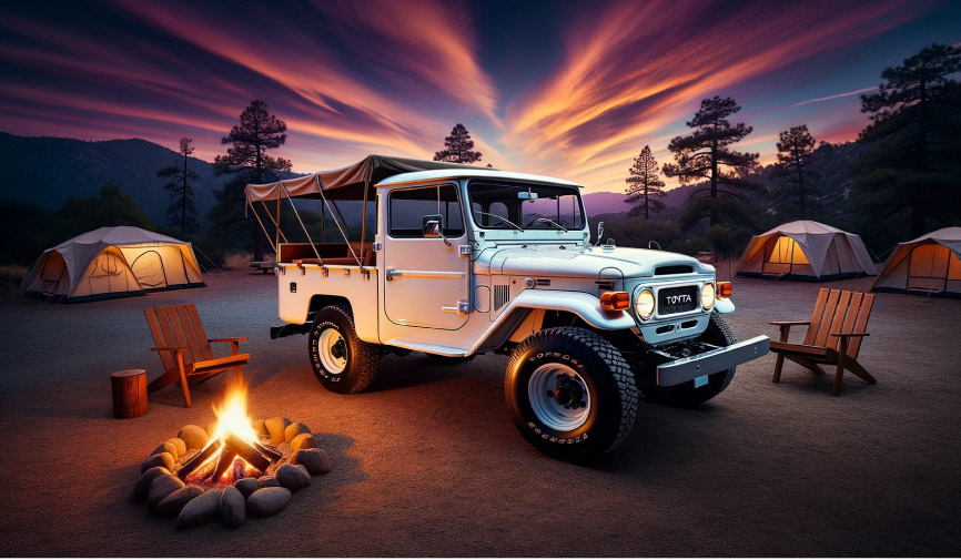 Restored 1974 Toyota Land Cruiser FJ45 at a camping site